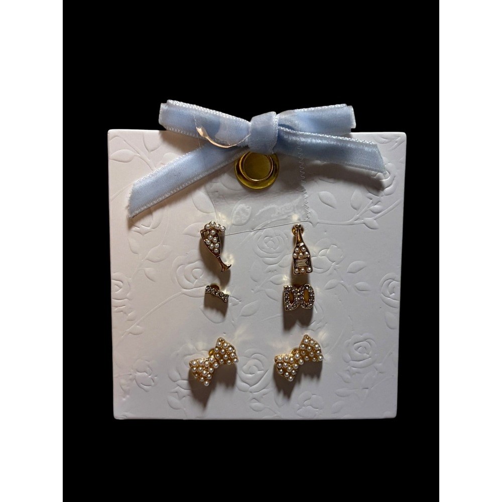 Francesca's‎ Bridal Stud Earring Set Champagne I DO Pearl Bows 3 Pairs NEW